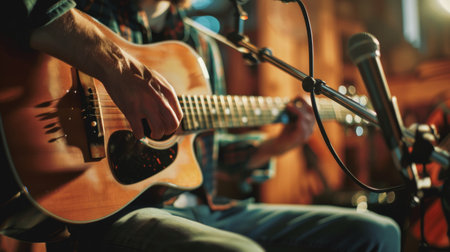 A musician playing guitar and singing into a microphone during a live acoustic session.の素材