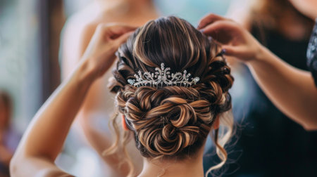 A bride getting her hair styled with intricate curls and a tiara for her wedding ceremony.の素材