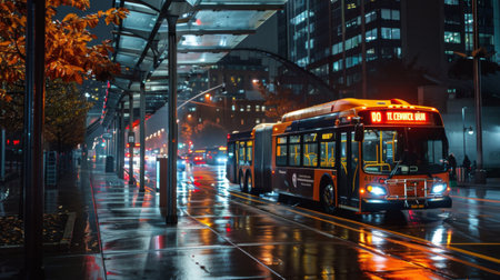 A commuter bus picking up passengers at a bus stop during the evening commute.の素材