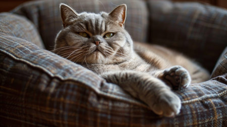 A fat cat lounging in a cat bed, with its paws hanging over the edge.の素材