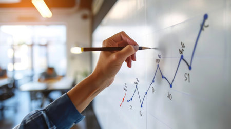 A close-up of a hand drawing a line graph on a whiteboard in a bright office space.の素材