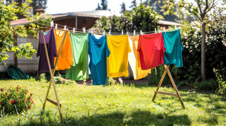 A clothes drying rack filled with colorful laundry, set in a sunny backyard.の素材