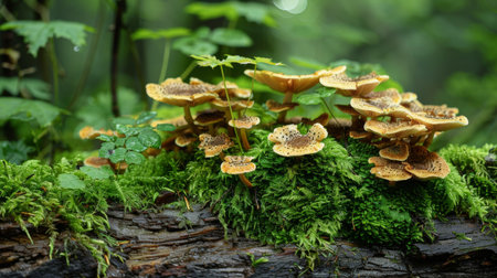 A close-up of wild mushrooms growing on a mossy log in a natural forest setting.の素材