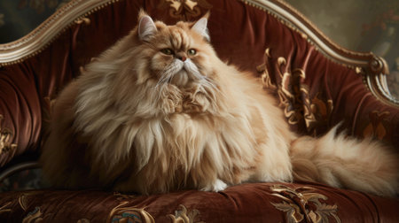 A fat, fluffy Persian cat sitting regally on a velvet cushion, with an elegant background.の素材