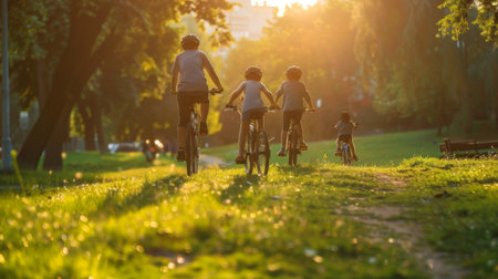 A family riding bicycles together in a green, urban park, promoting eco-friendly transportation.の素材