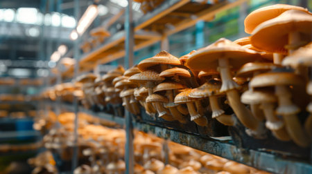 A mushroom cultivation farm with rows of fungi growing in controlled indoor conditionsの素材