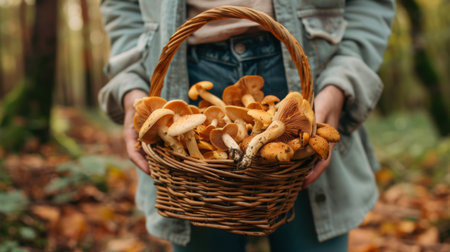 A person holding a basket of freshly picked mushrooms outdoors, celebrating a successful harvest.の素材
