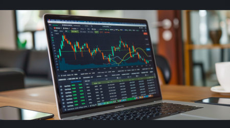 A laptop screen showing a bar graph with statistical analysis and market trends.の素材