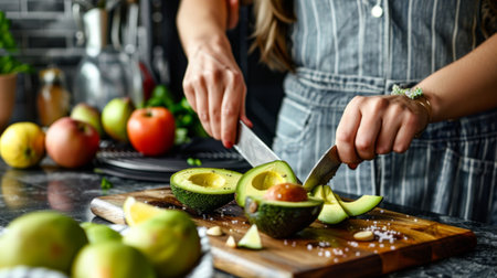 A person slicing a ripe avocado for making guacamole in a modern kitchen.の素材