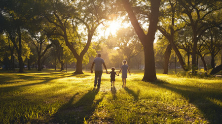 A family of three, holding hands and walking through a park with tall trees casting long shadows.の素材