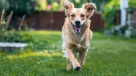 A mixed-breed rescue dog running happily with a big smile on its face in a backyard.の素材