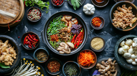 A hot pot filled with herbal soup and Chinese medicinal ingredients for health benefits.の素材