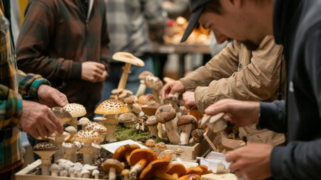 A mushroom identification workshop with experts showcasing different species on a display table.の素材