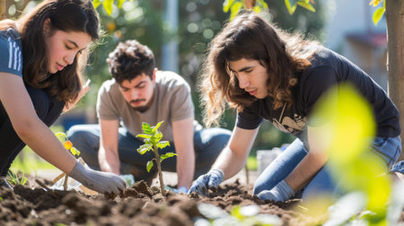 A group of students participating in a school tree-planting project in a campus garden.の素材