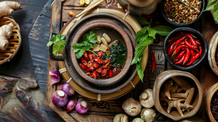 A hot pot filled with herbal soup and Chinese medicinal ingredients for health benefits.の素材