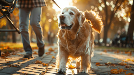 A Golden Retriever assisting a person with disabilities by retrieving items and providing support.の素材