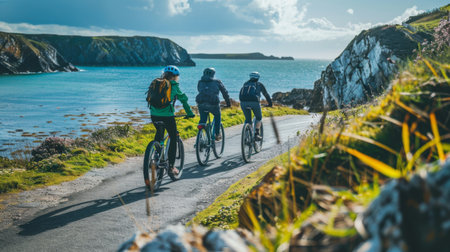 A group of friends cycling together along a coastal path with a view of the ocean.の素材
