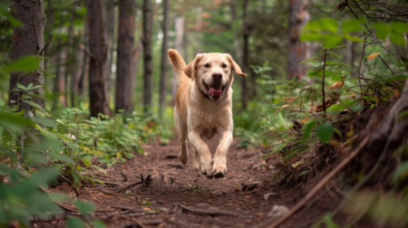 A Labrador Retriever bounding through a forest trail, full of energy and enthusiasm.の素材