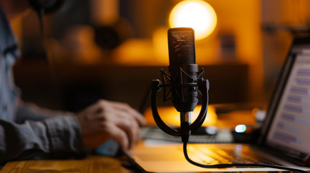 A podcast host speaking into a microphone, with a laptop and headphones on the desk.の素材