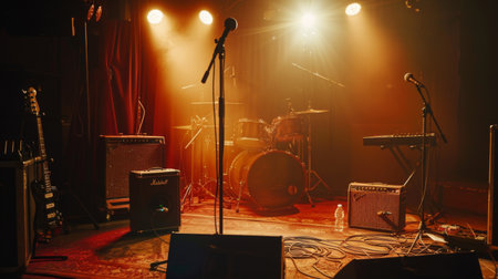 A stage setup with a microphone on a stand, a guitar amp, and other musical equipment.の素材