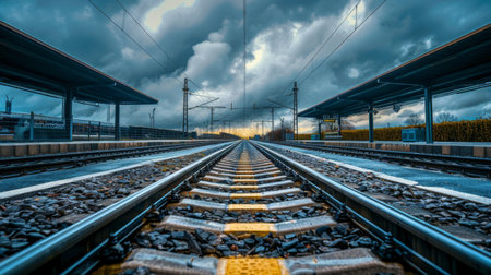 A railway station platform with empty tracks extending into the distance under dramatic clouds.の素材