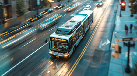A public transit bus running on clean energy, driving through a busy urban area.の素材