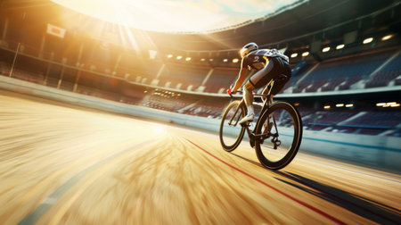A professional cyclist racing on a velodrome track during a competitive event.の素材