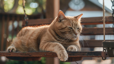 A rotund cat sitting on a porch swing, enjoying the fresh air and outdoor sights.の素材