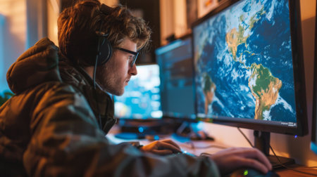 A scientist studying climate data on a computer screen, analyzing global warming patterns.の素材