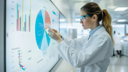 A researcher studying scientific data trends on a large pie chart in a laboratory setting.の素材