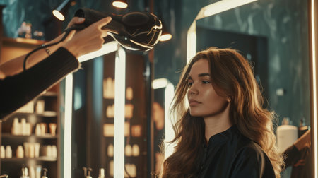 A professional hairstylist blow-drying a client's hair in a modern salon setting.の素材