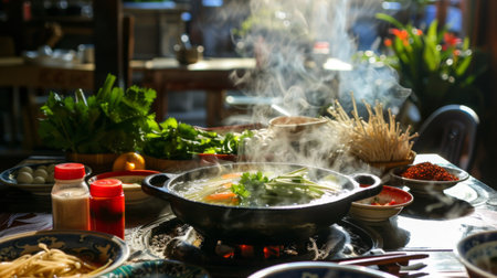 A steamy hot pot restaurant table setting with condiments and raw ingredients ready to cook.の素材