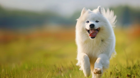 A Samoyed dog running with a joyful expression on its face, enjoying playtime outdoors.の素材