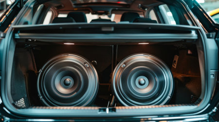A subwoofer installed in the trunk of a car, ready to deliver powerful bass.の素材