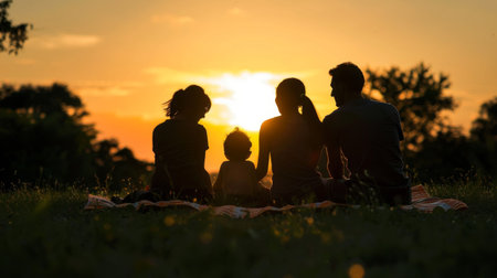 A silhouette of a family sitting on a picnic blanket, enjoying a sunset together.の素材