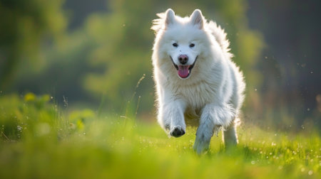 A Samoyed dog running with a joyful expression on its face, enjoying playtime outdoors.の素材