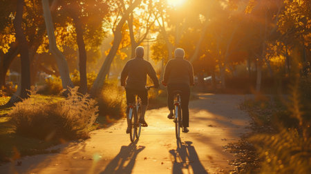 A senior couple cycling together along a paved bike path in a park during golden hour.の素材
