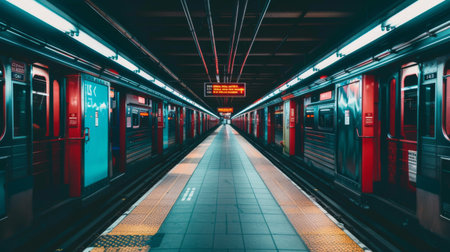 A subway platform with directional signs and guidance for passengers.の素材