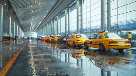 A taxi rank at an airport with taxis lined up waiting for passengers.の素材