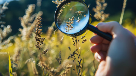 A researcher using a magnifying glass to inspect tiny insects in a field study.の素材