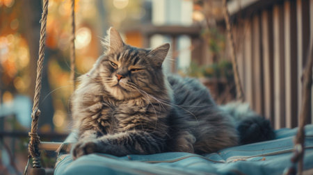 A rotund cat sitting on a porch swing, enjoying the fresh air and outdoor sights.の素材