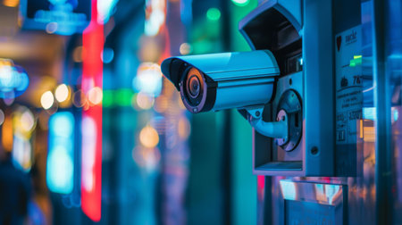 A surveillance camera installed at an ATM machine to ensure customer safety.の素材