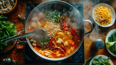 A traditional Asian hot pot filled with bubbling broth and assorted fresh ingredients.の素材