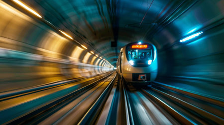 A subway train speeding through an urban tunnel with motion blur.の素材
