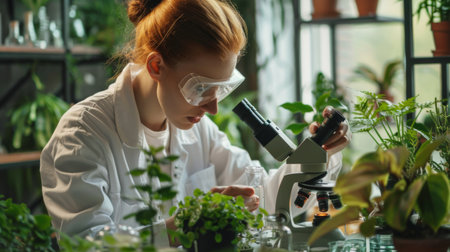 A scientist analyzing plant cells under a microscope and a magnifying glassの素材
