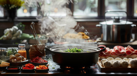 A steamy hot pot restaurant table setting with condiments and raw ingredients ready to cook.の素材