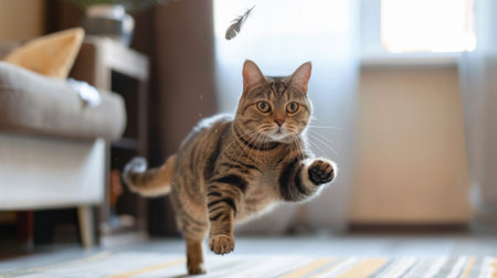 An overweight cat playfully chasing a feather toy in a living room.の素材
