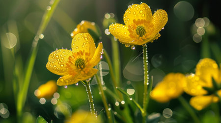 Close-up of morning dew on the tiny yellow flowers of a creeping buttercup plant in a meadowの素材