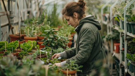 A woman in a greenhouse, selecting a healthy tree sapling from a variety of potted plants.の素材