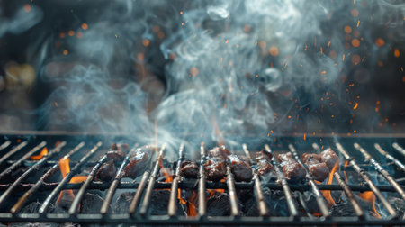 Close-up of smoke rising from a barbecue grill, with flames visible beneath the cooking grate.の素材